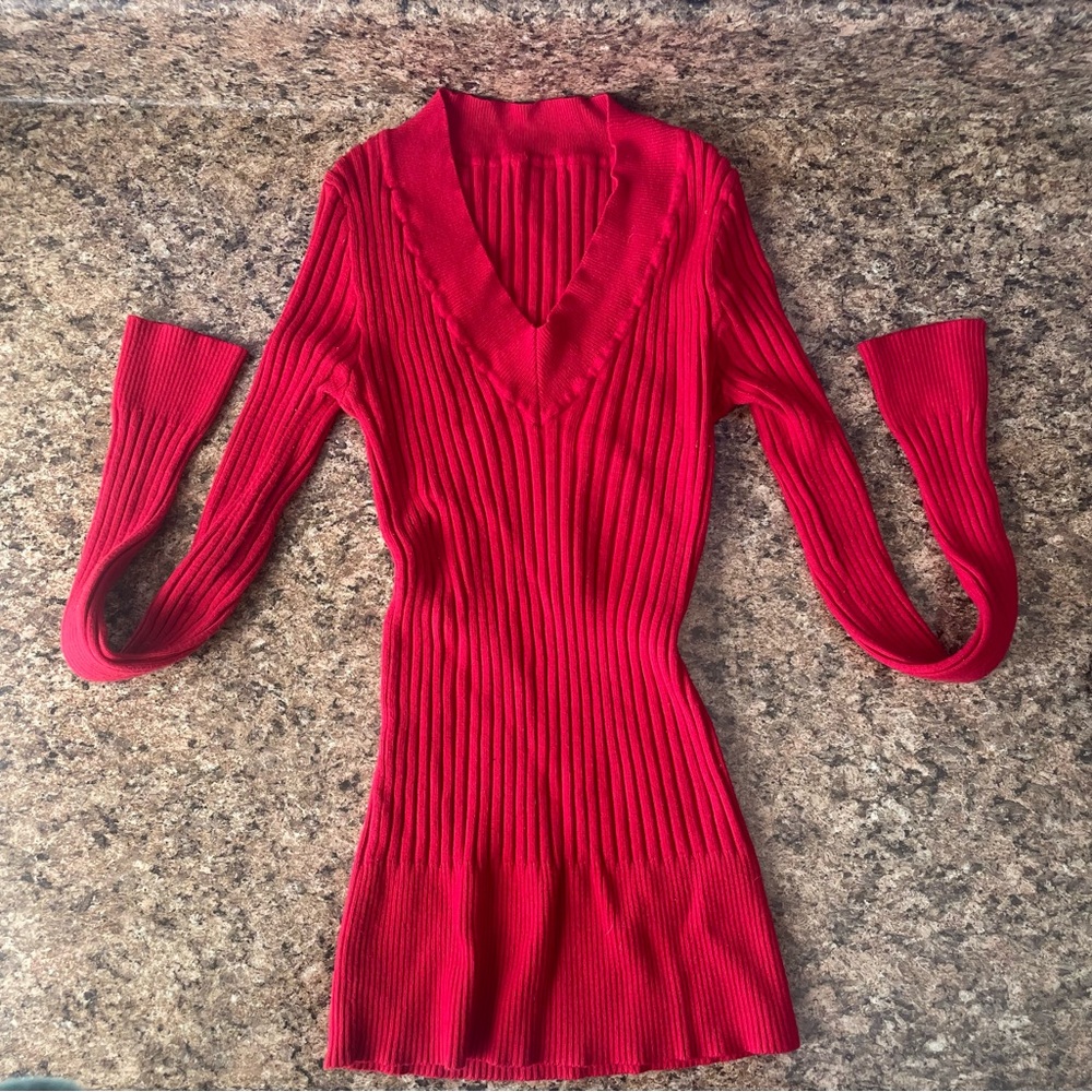 Red Ribbed Knit v neck Sweater